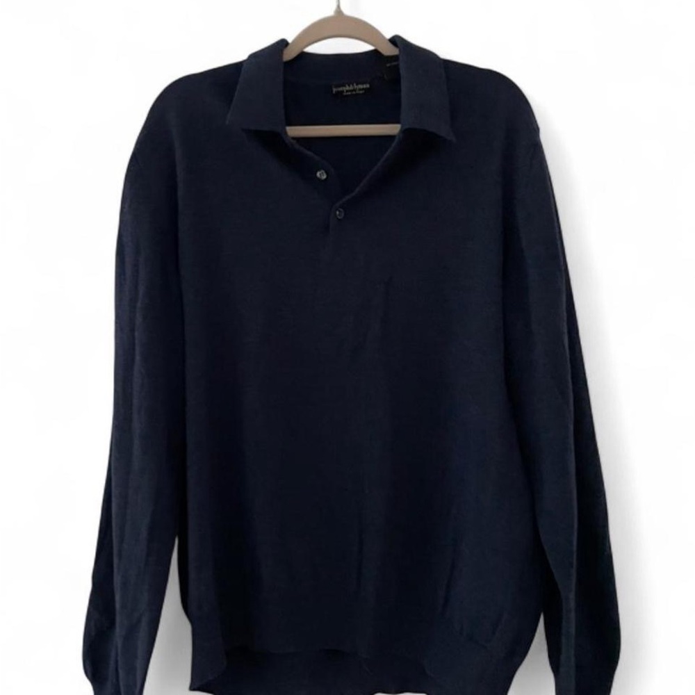 100% Merino Wool Navy Long Sleeve Polo Sweater - Picture 2 of 5